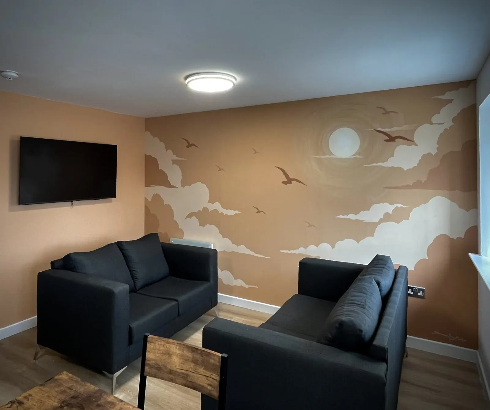 Cloud mural in a shared room