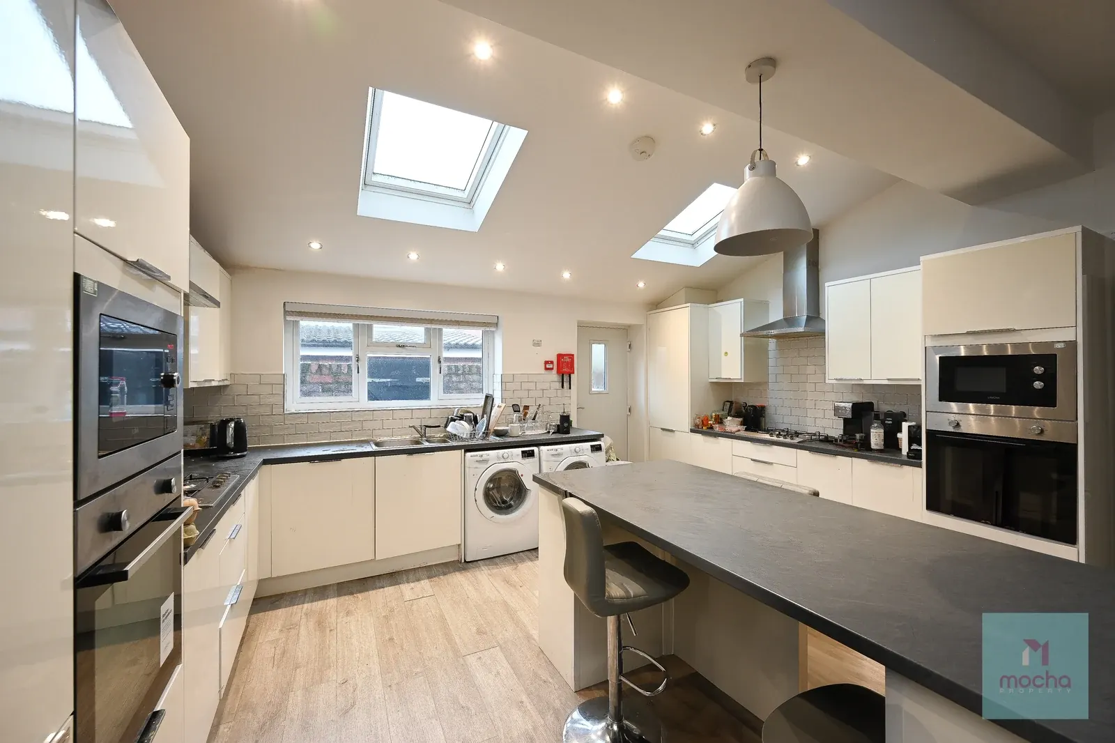 Kitchen, island and rooflights