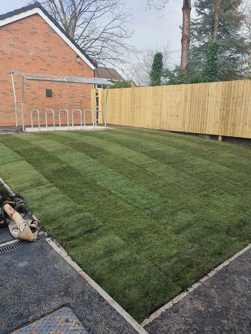 Fresh lawn, fencing and a cycle shelter